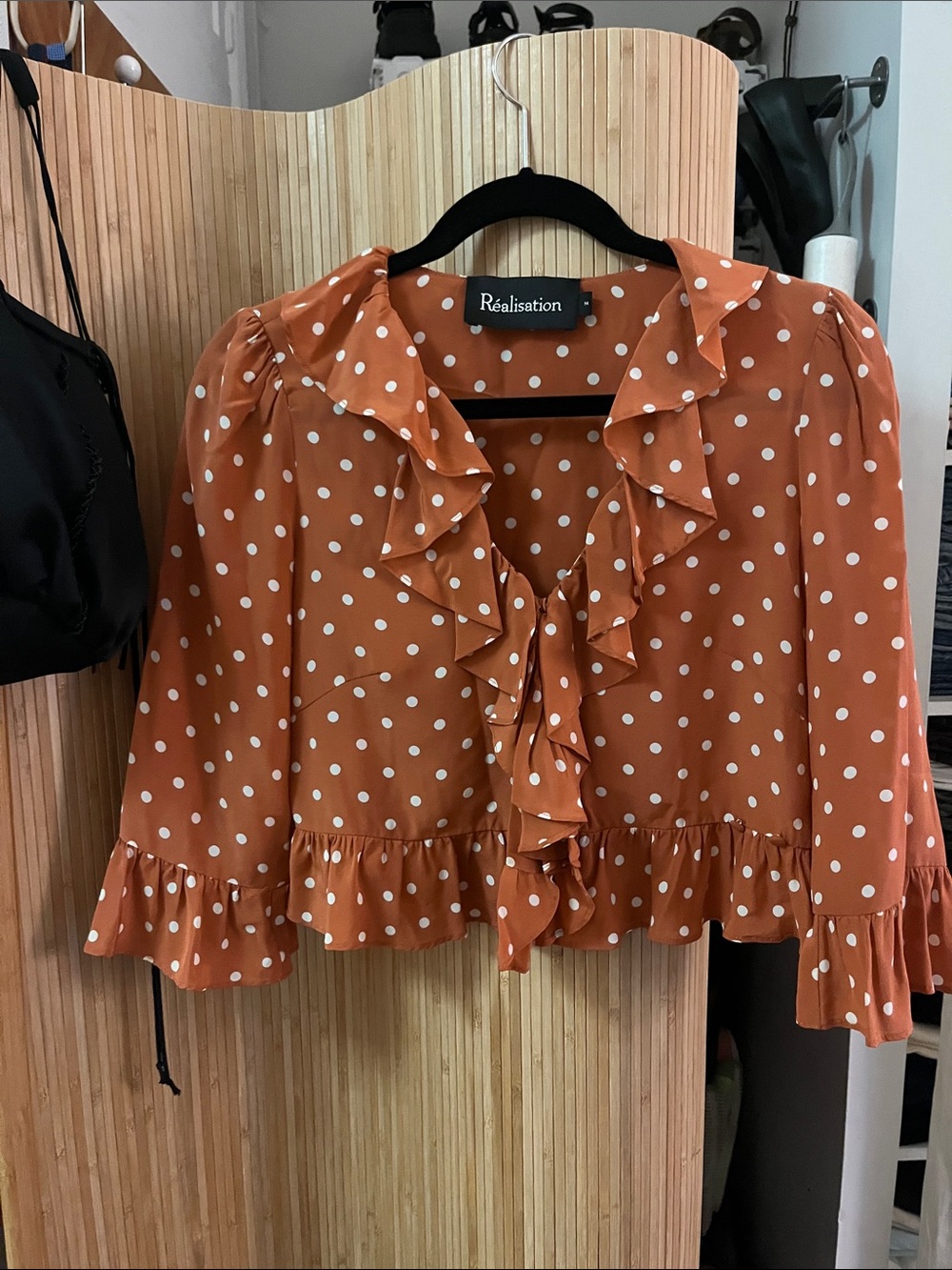 Realisation Par Rust-Orange Polka Dot Ruffle Tie Blouse